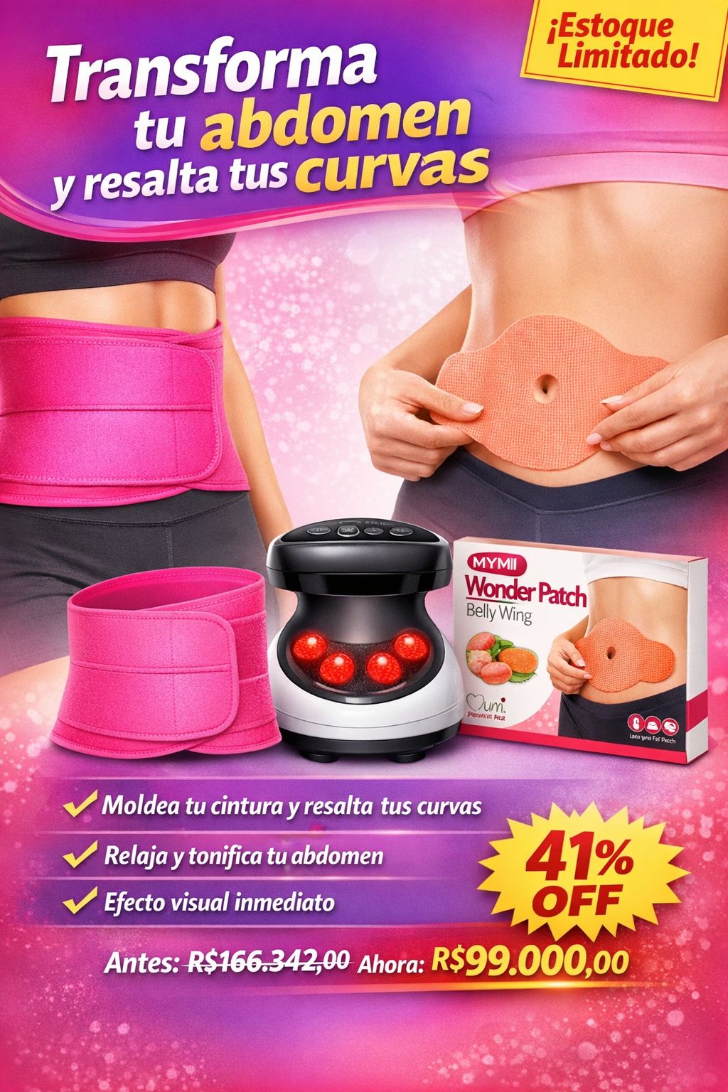 Combo Postparto Completo – Cinta Rosa Neon + Massageador + Mymi Wonder Patch